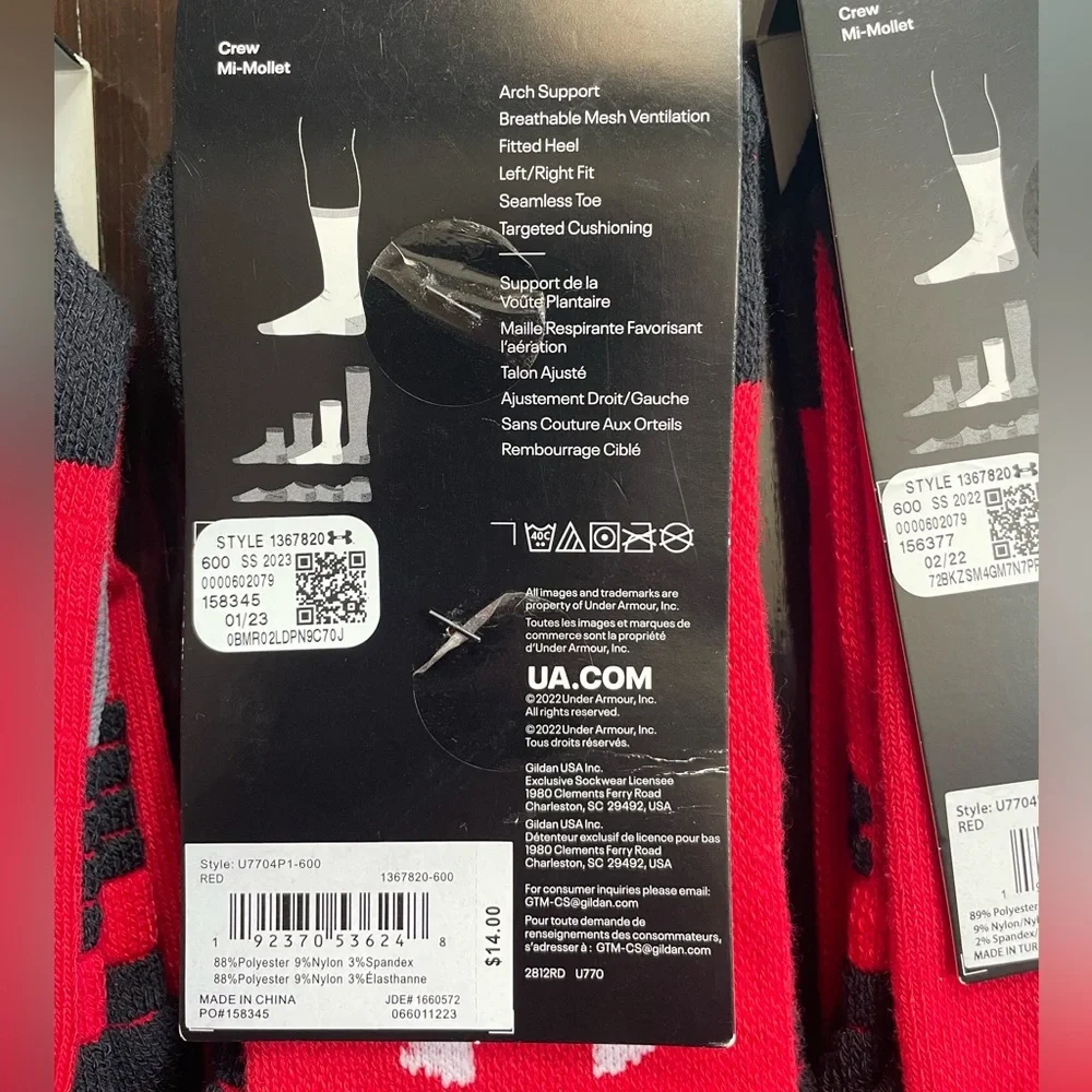 Under Armour Men's Red and Black Crew Socks